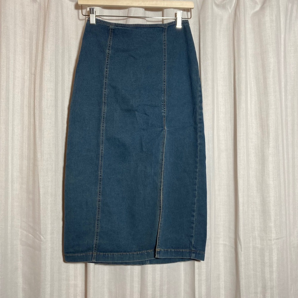 Vintage 90s Denim Midi Skirt Blue Front Slit 24 Just For Wraps by Wrapper